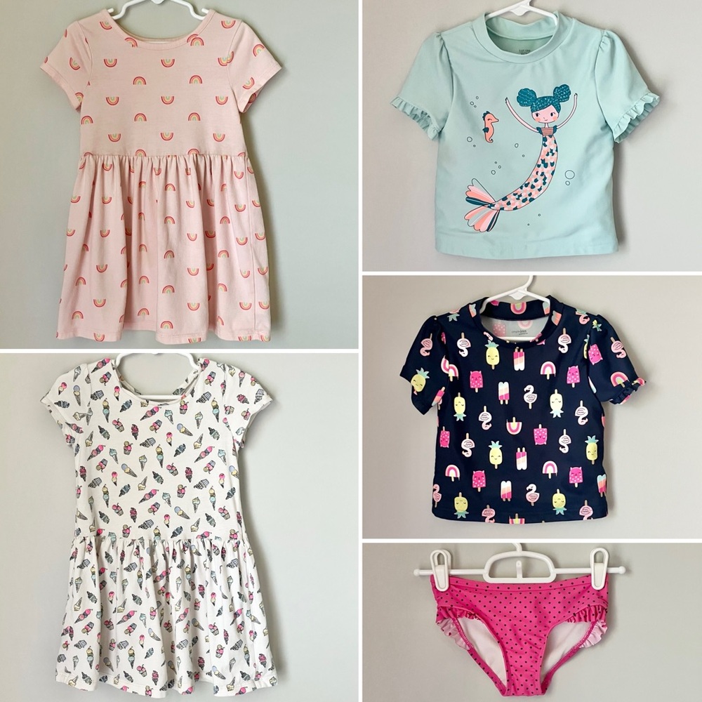5-piece bundle 4T girls play dresses & swim suits - rainbow, mermaid, ice cream